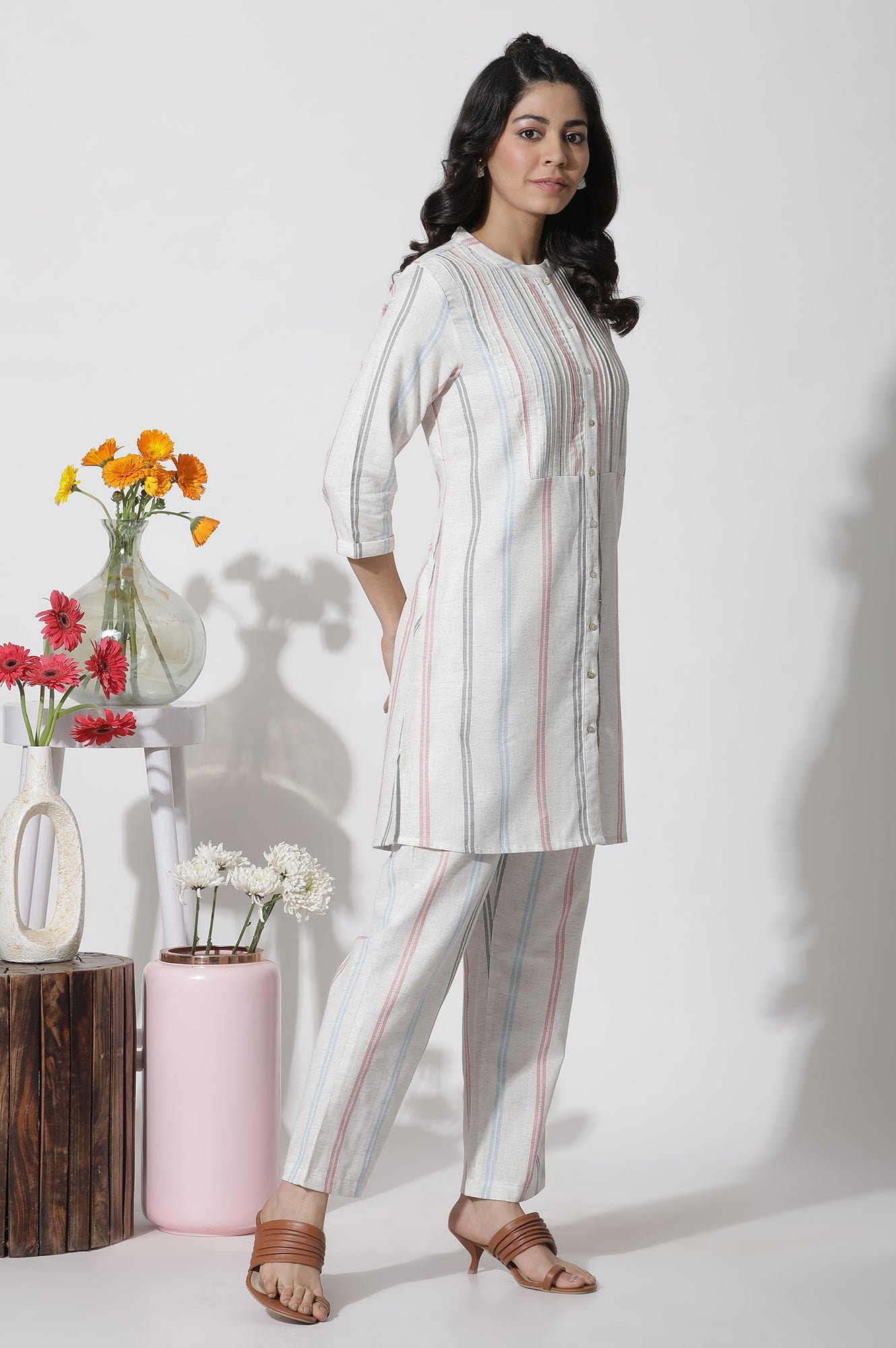 White Stripe Printed Pintuck Tunic And Pants Co-Ord Set - Image 6