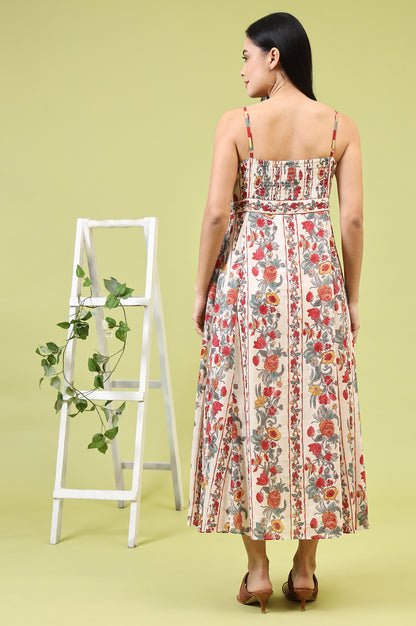 Off-White Vibrant Floral Printed Pure Cotton Flared Spaghetti Dress - Image 4